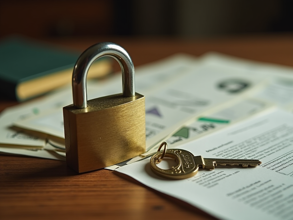 Padlock with keys on documents, representing security or confidentiality.