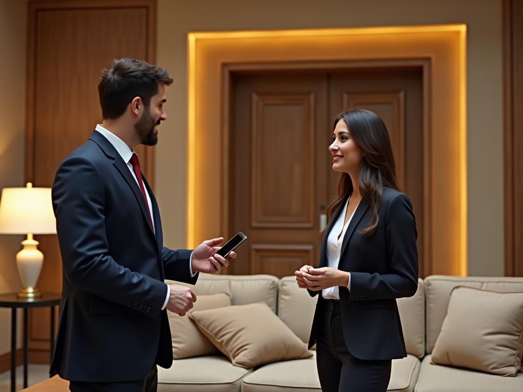 Two business professionals conversing in a luxurious office setting, man holding a smartphone.