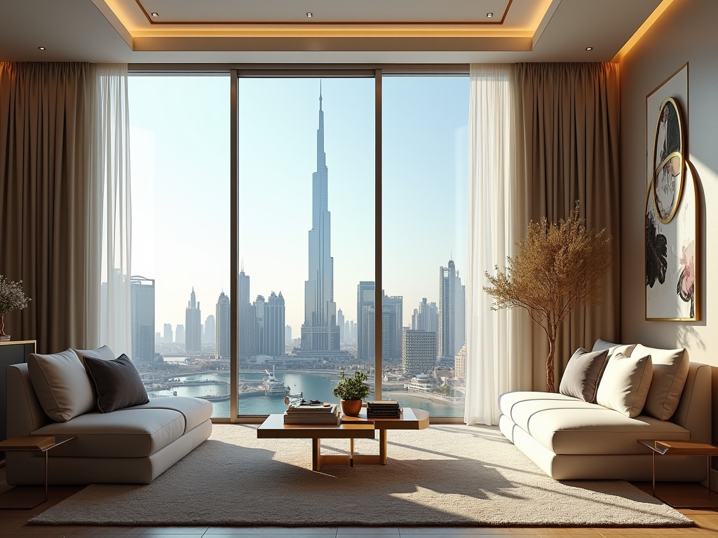 A stylish living room with two sofas, a coffee table, and a view of a skyscraper and skyline through large windows.