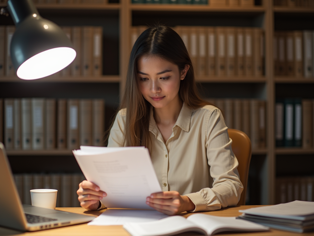 Woman reviews documents at a desk in a library at night, illuminated by a desk lamp.