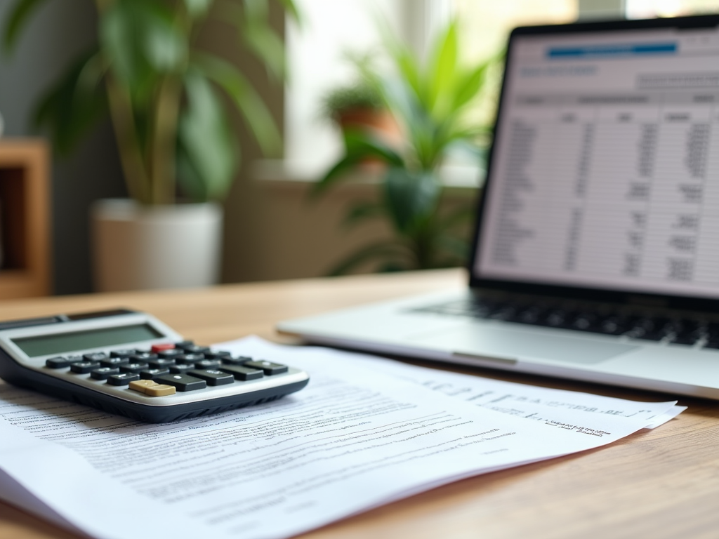 A calculator, documents, and an open laptop on a desk, indicating a financial or business workspace.