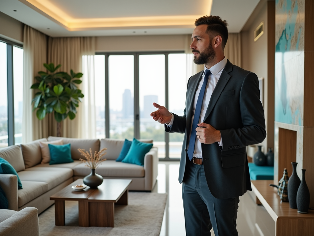 A businessman in a suit stands in a stylish, bright living room, gesturing while deep in thought.