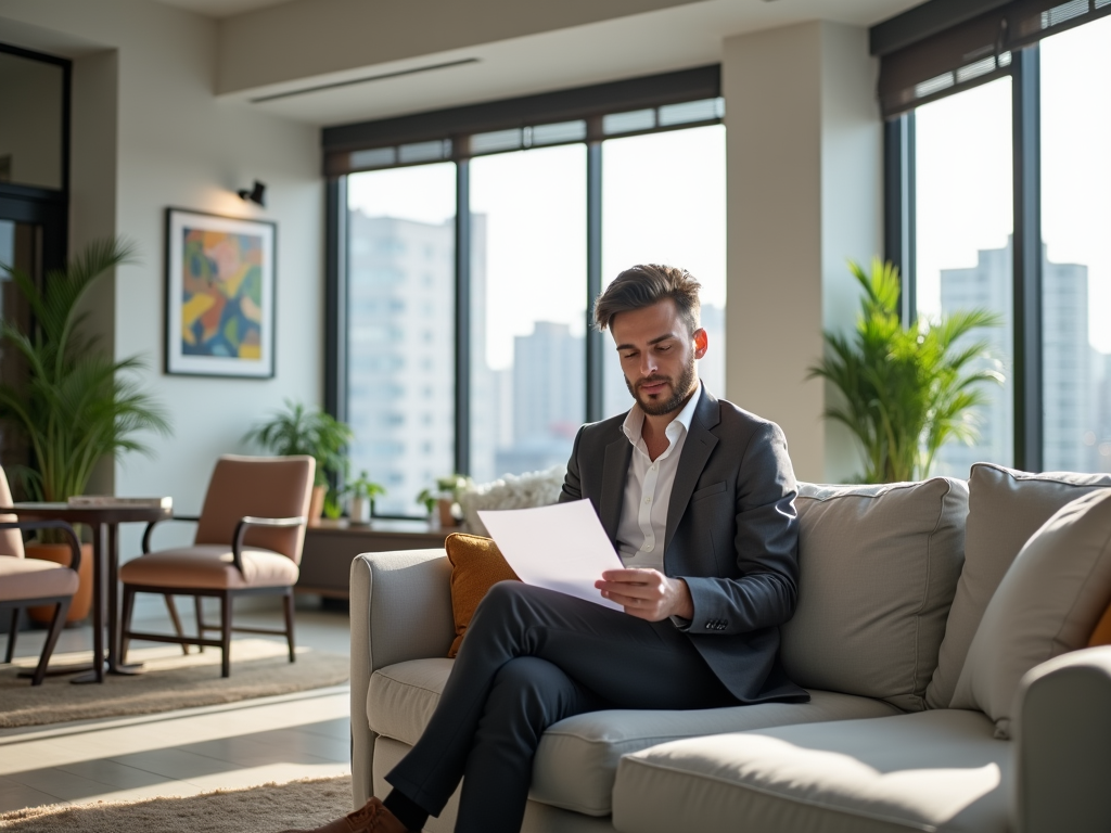 A man in a suit sits on a couch, reading papers in a bright, modern office with large windows and plants.