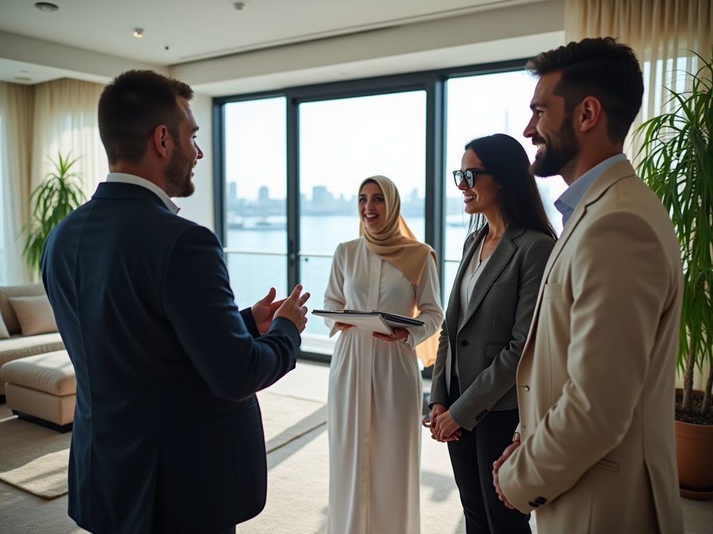 Four professionals conversing in a bright office with city view through large windows.