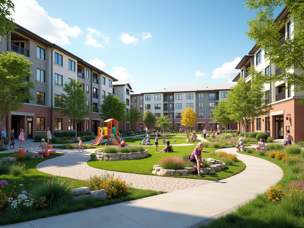 Sunny day at a bustling apartment complex courtyard with residents and children playing.