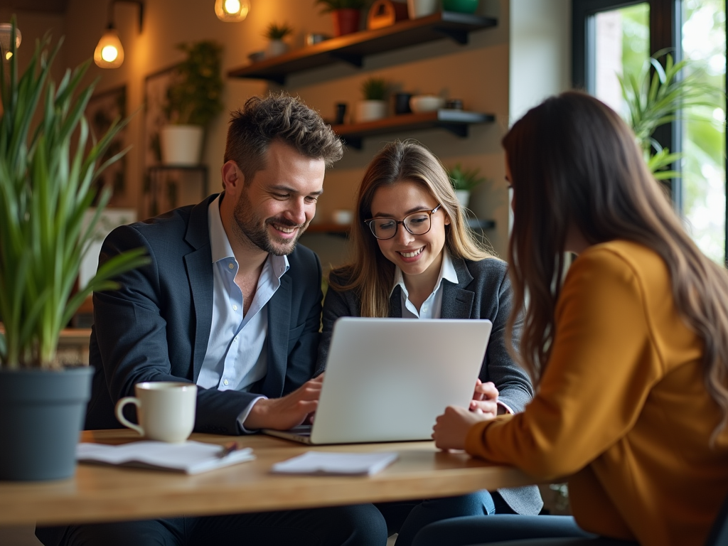 Three professionals collaborate at a café, smiling at a laptop while surrounded by plants and warm decor.