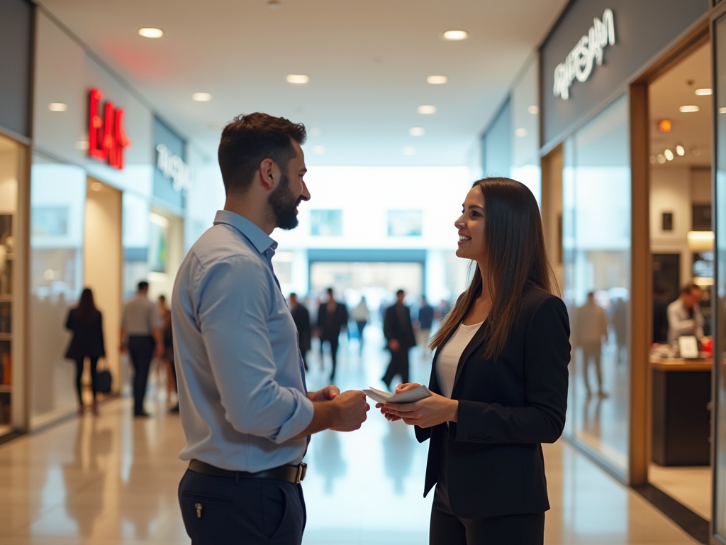 Two professionals exchanging business cards in a bustling shopping mall.