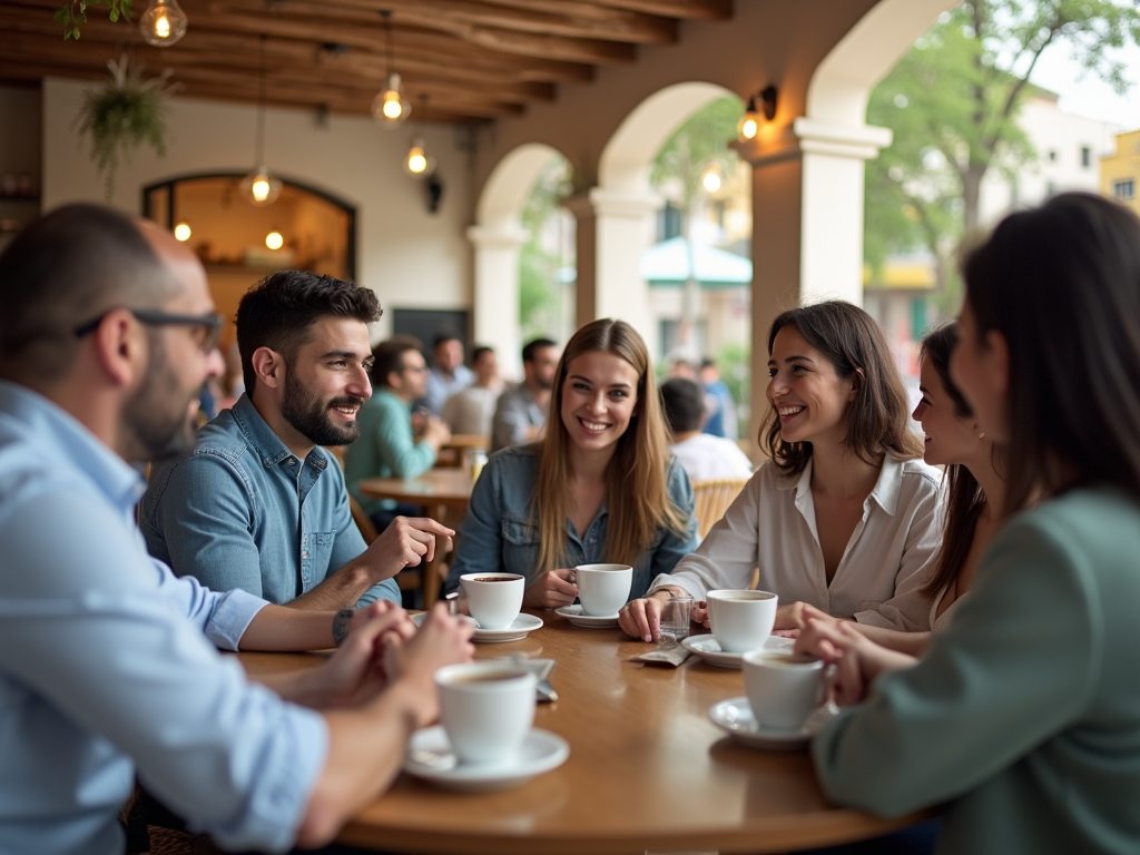 Group of five friends laughing and chatting over coffee in a cozy cafe.