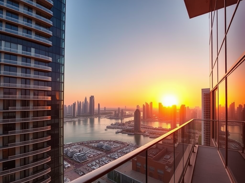 A balcony view overlooking a city skyline at sunset, with a shimmering bay and yachts in the foreground.