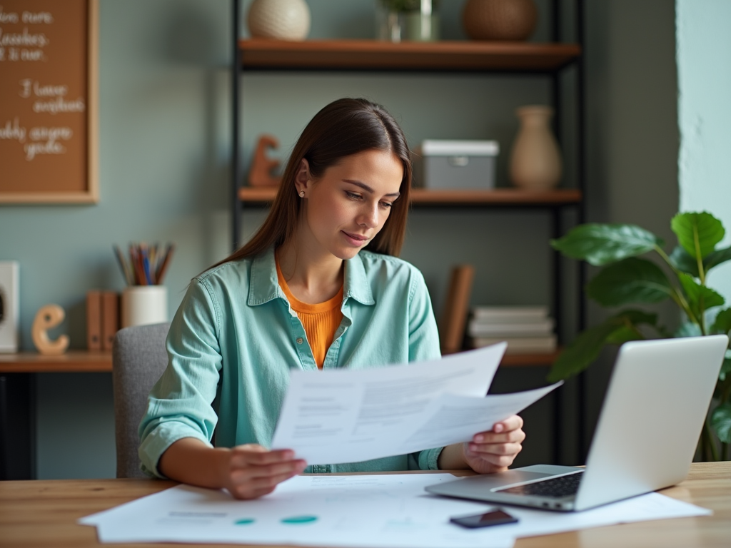 Woman reviews documents at a desk with a laptop in a stylish home office.