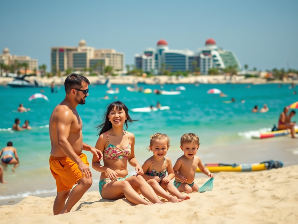 A happy family enjoys a sunny day at the beach, playing in the sand with a bright blue ocean in the background.