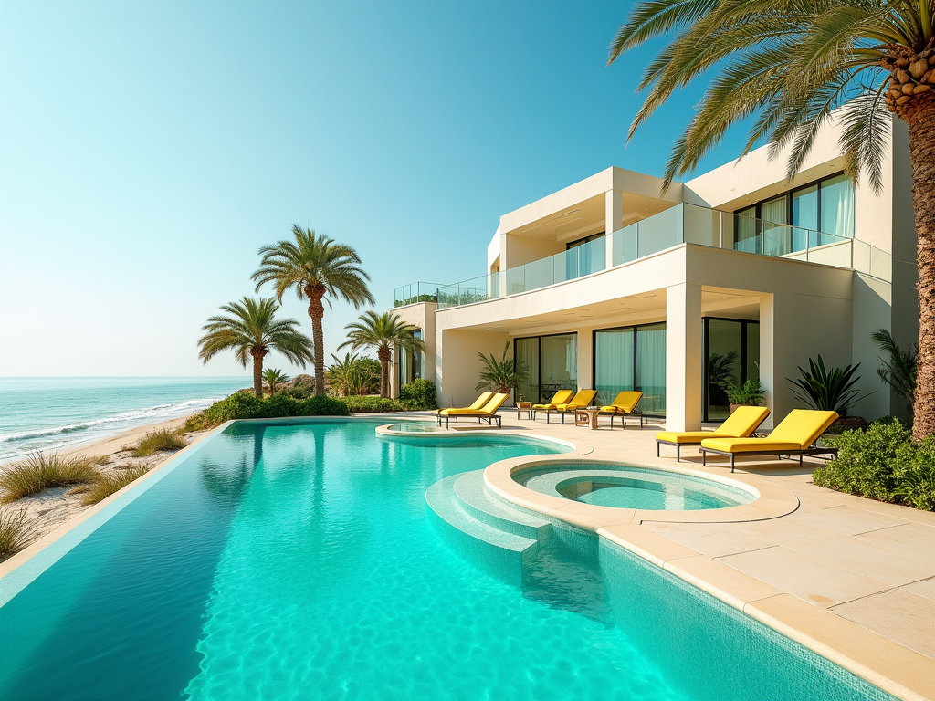 Luxurious seaside villa with a pool, palm trees, and loungers under a clear blue sky.