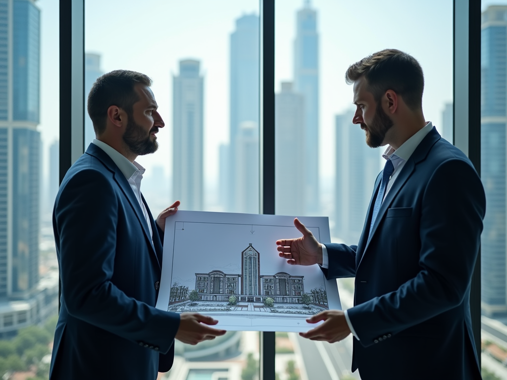 Two businessmen discussing a blueprint in a modern office with city skyline in the background.