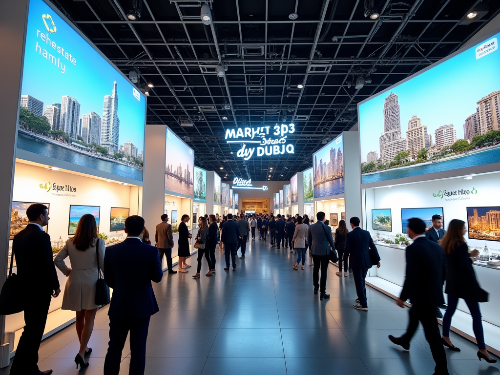 Crowd of professionals walking through a busy trade show hall with real estate advertising displays.