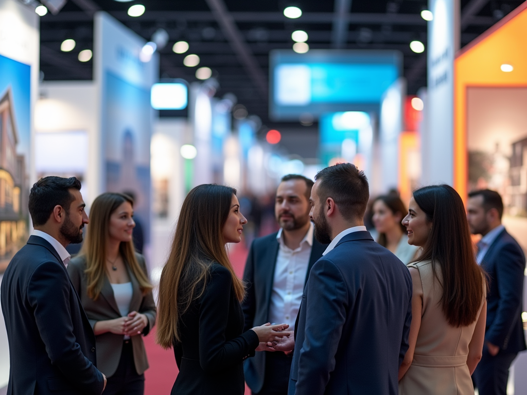 Business professionals engaging in conversation at a busy trade show.