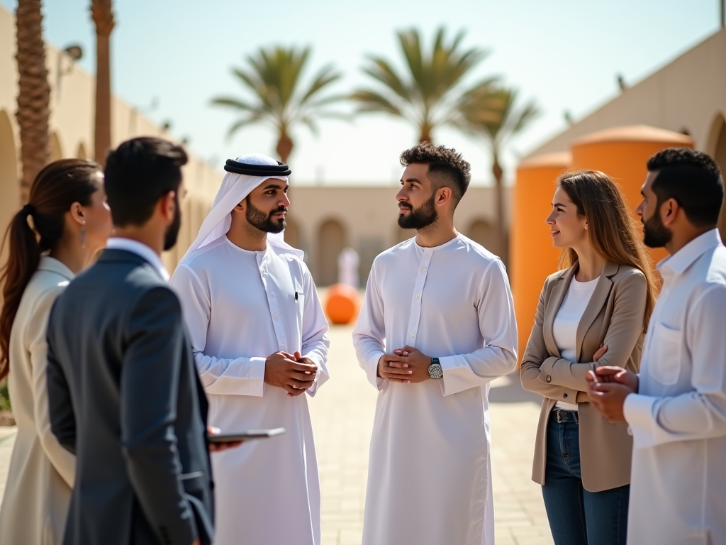 Men and women in business attire having a discussion in a sunny courtyard with palm trees.