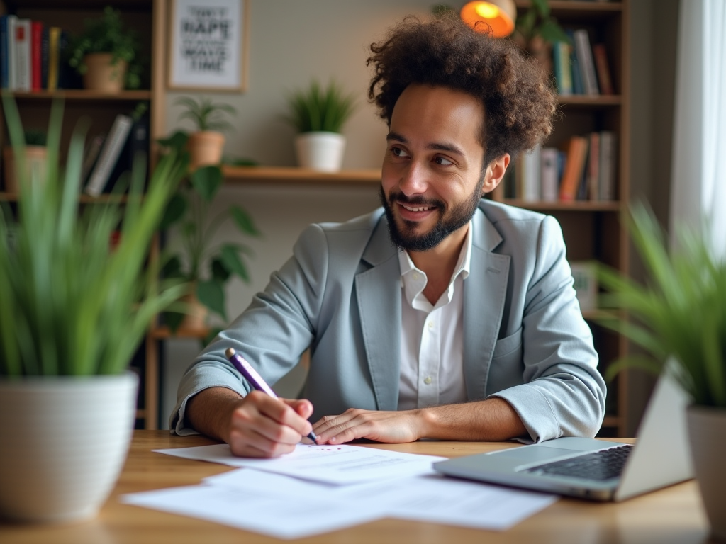 Smiling man with curly hair working at a desk with laptop and documents in a cozy office.