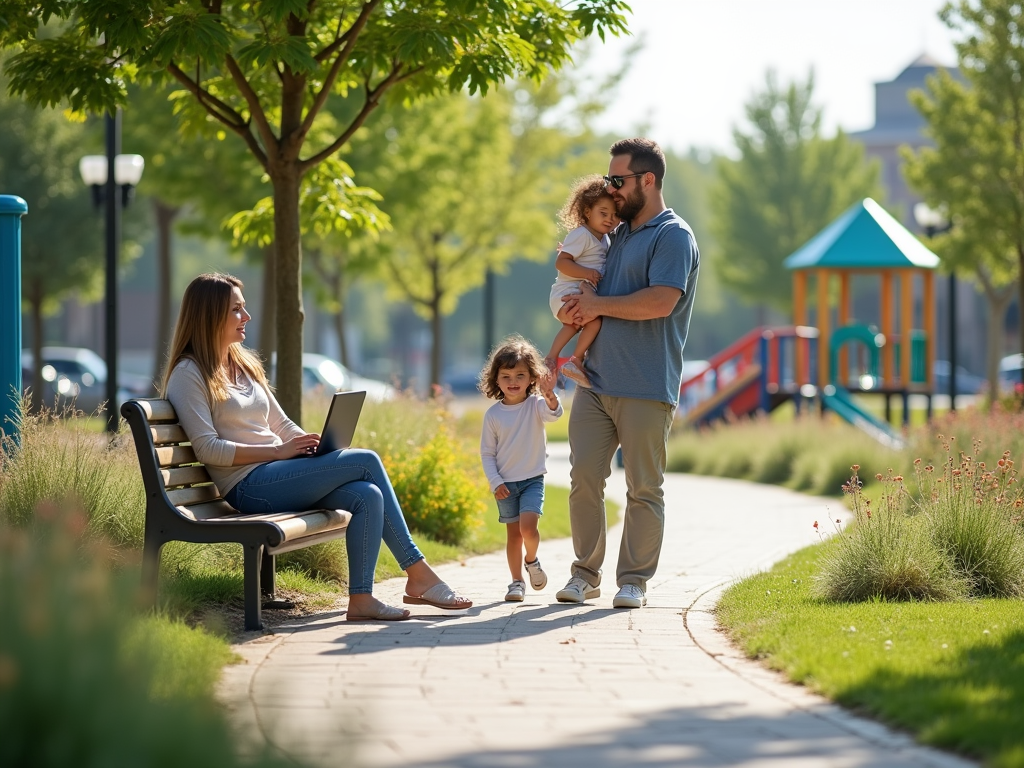 A woman works on a laptop while a father carries a child, and another child joyfully runs towards them in a park.