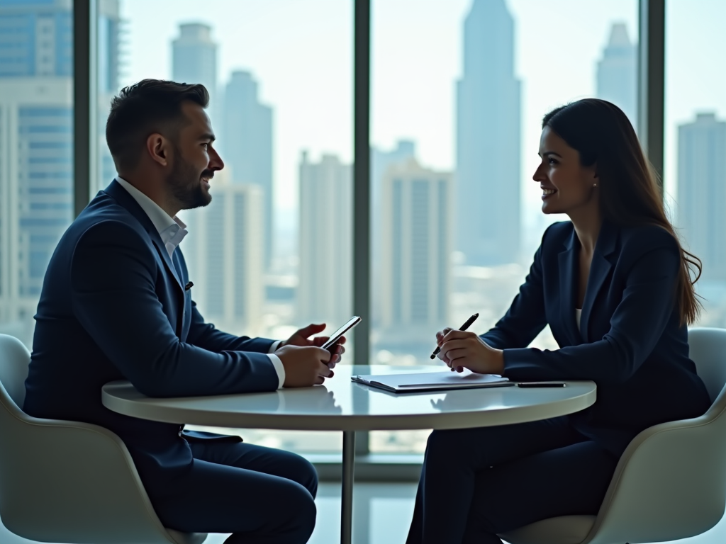 "Two professionals in a meeting with a city skyline backdrop, engaging in a serious conversation."