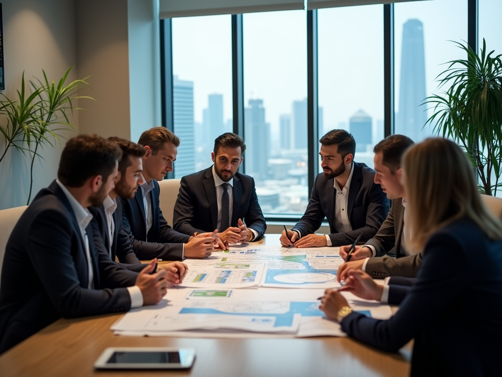 Business professionals discussing over documents in a modern office with city views.