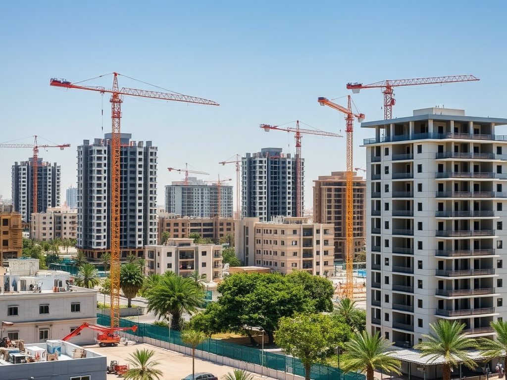 A construction site featuring multiple cranes and high-rise buildings against a clear blue sky.