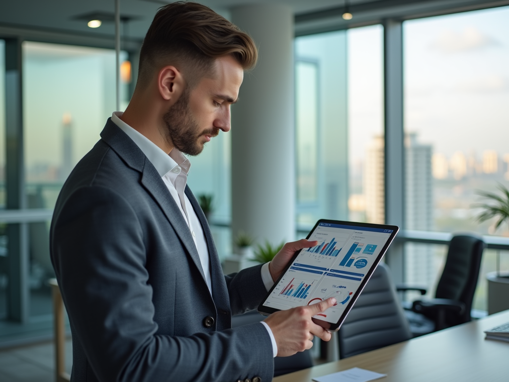 Businessman analyzing data on a tablet in a modern office with city view.