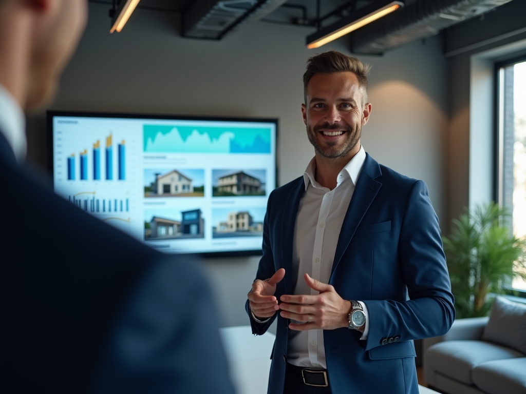 A confident man in a suit stands smiling in front of a presentation screen with graphs and images of buildings.