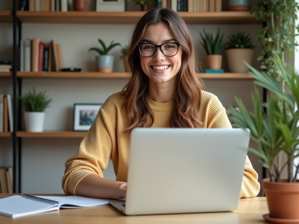 Smiling woman in glasses working on laptop at a desk with plants and books around.