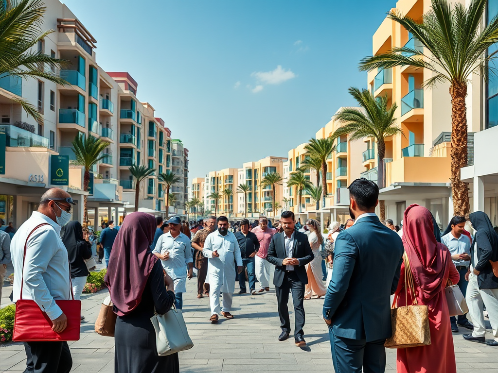 A busy street scene with diverse people walking among modern buildings and palm trees under a clear blue sky.