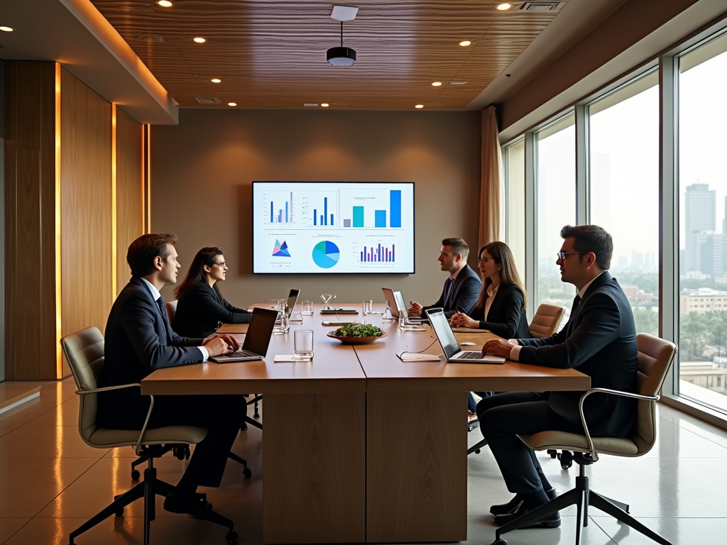 Business professionals discussing data on a screen in a modern boardroom with city view.