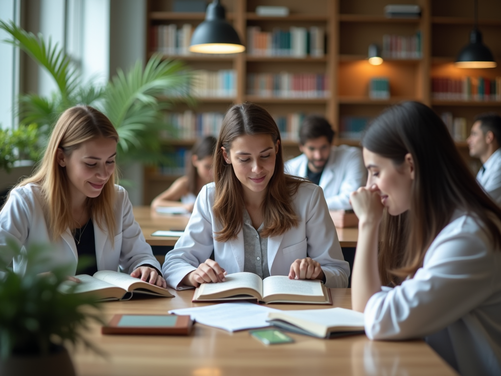 Three women in business attire studying books at a library table, other readers in background.