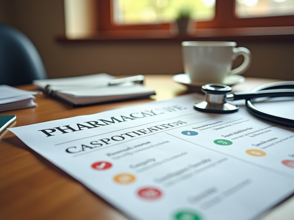 Pharmacy treatment plan on paper with stethoscope and cup of coffee on office desk.