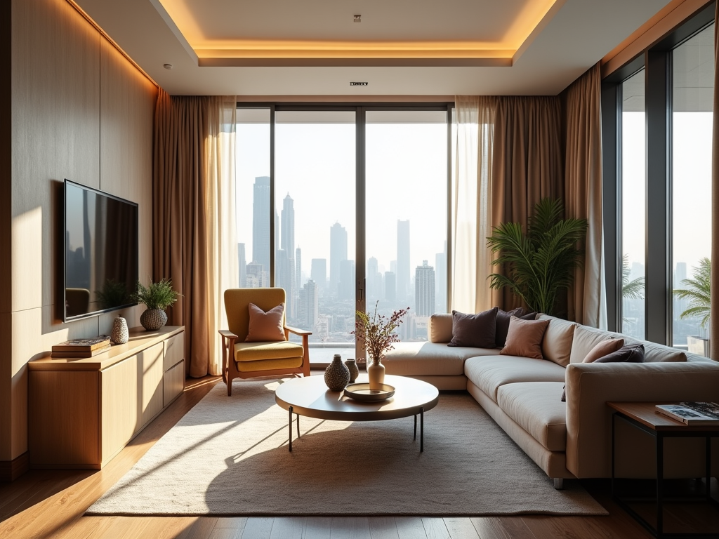 A modern living room features a large window with city views, a cozy sofa, an armchair, and stylish decor.