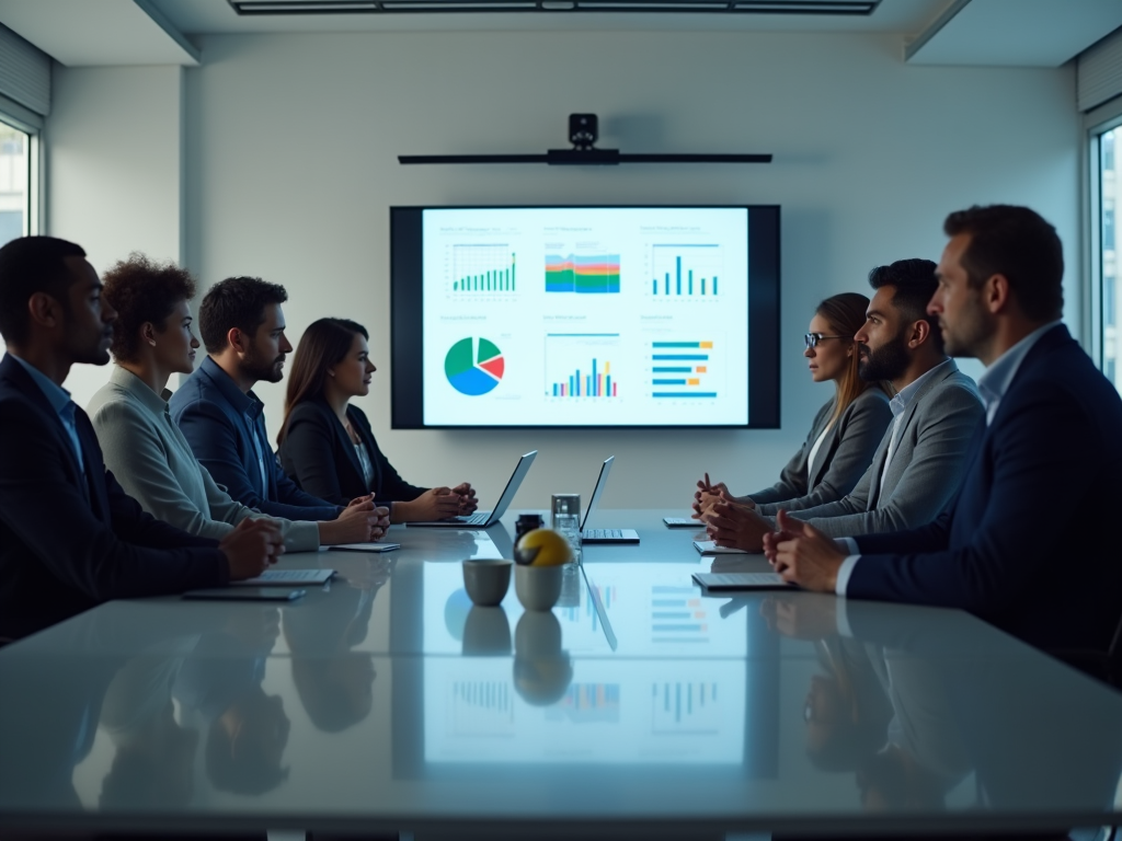 Diverse group of professionals in a meeting room focusing on a presentation with data charts on screen.