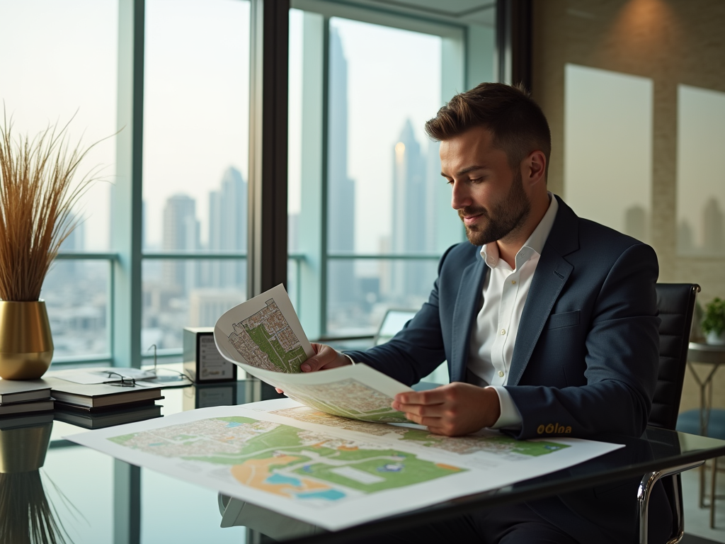 Man in suit reviews maps at desk with cityscape visible through window.