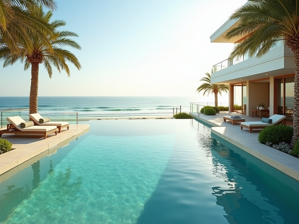 A serene beachfront villa with an infinity pool, palm trees, and loungers overlooking tranquil ocean waves.