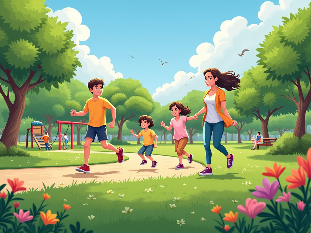 A joyful family runs together in a sunny park, surrounded by trees and flowers, with playground equipment nearby.