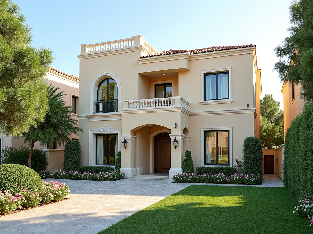 A beautiful two-story house with a landscaped front yard, featuring trees, bushes, and colorful flowers in bloom.