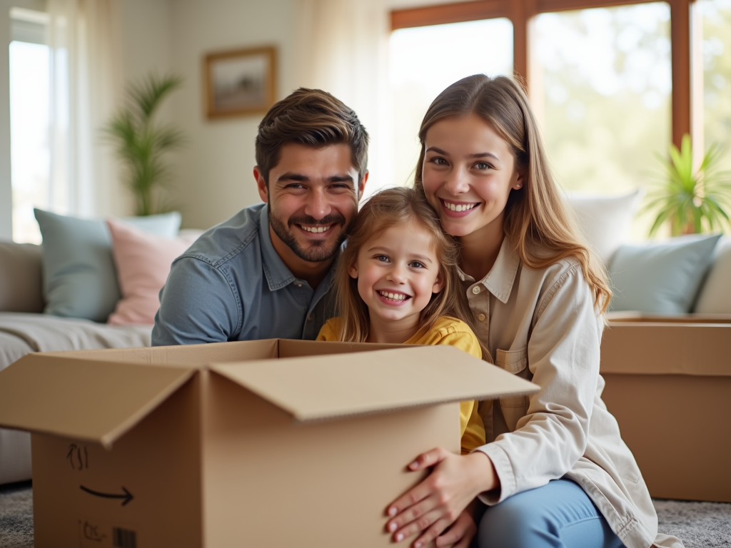 Happy family unpacking a box together in a cozy living room.