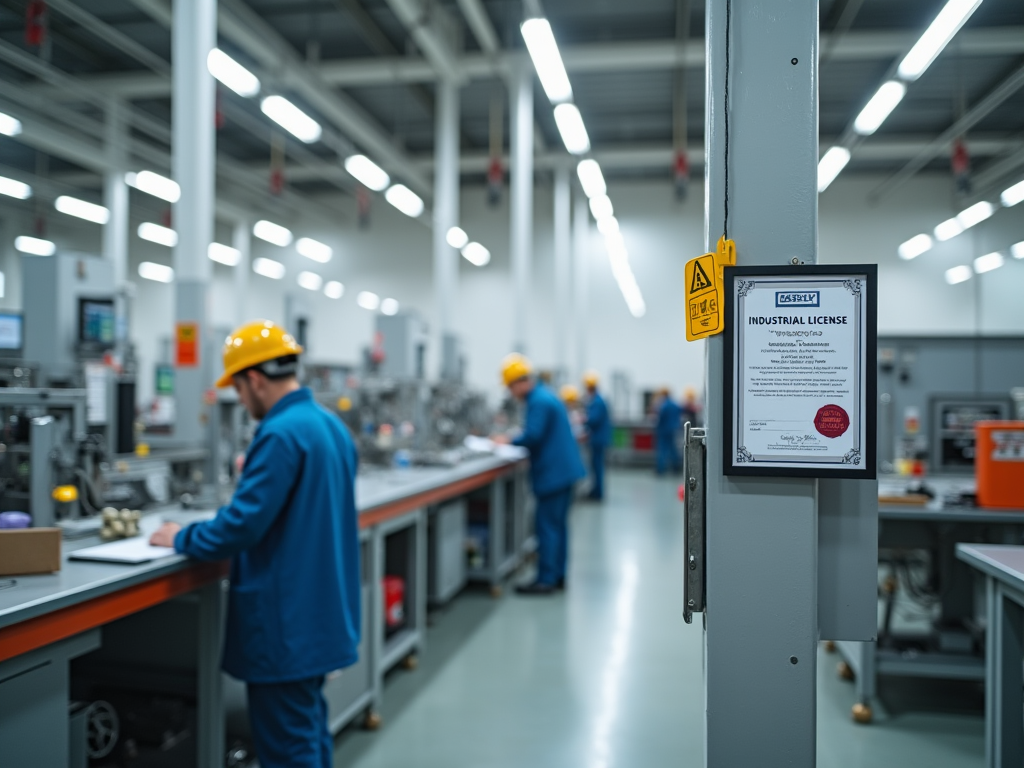 Workers in hard hats in a busy industrial plant with a prominently displayed industrial license on the pillar.