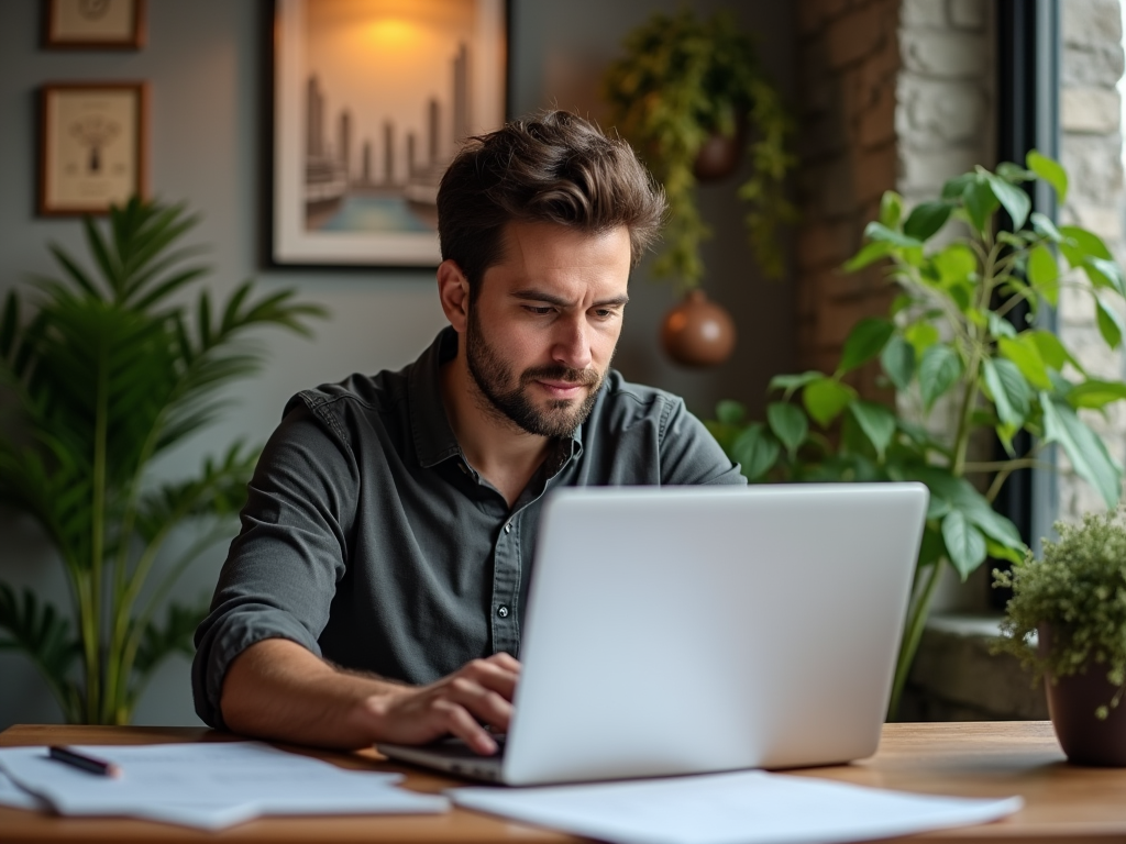 Man in casual attire working intently on laptop in cozy, plant-filled office space.