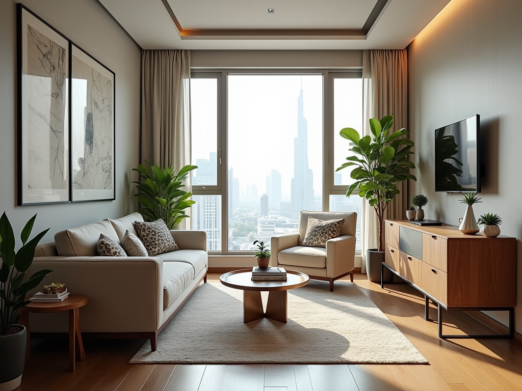 Modern living room with city view, featuring stylish furniture and indoor plants.