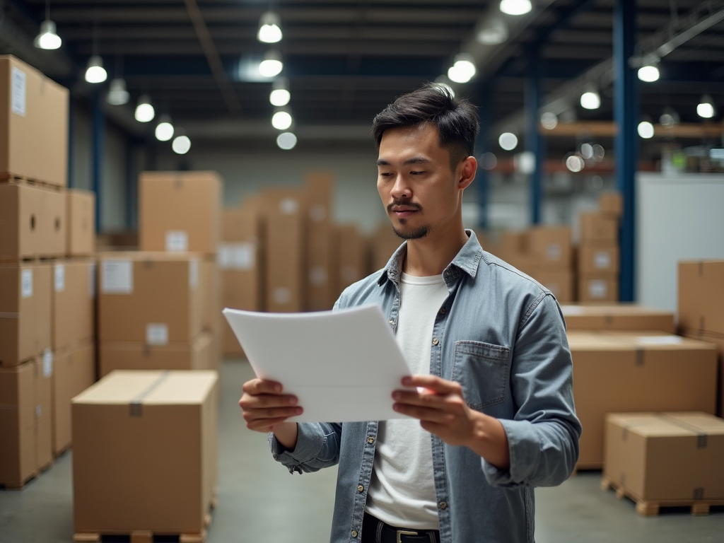 Man reviewing documents in a warehouse surrounded by boxes.