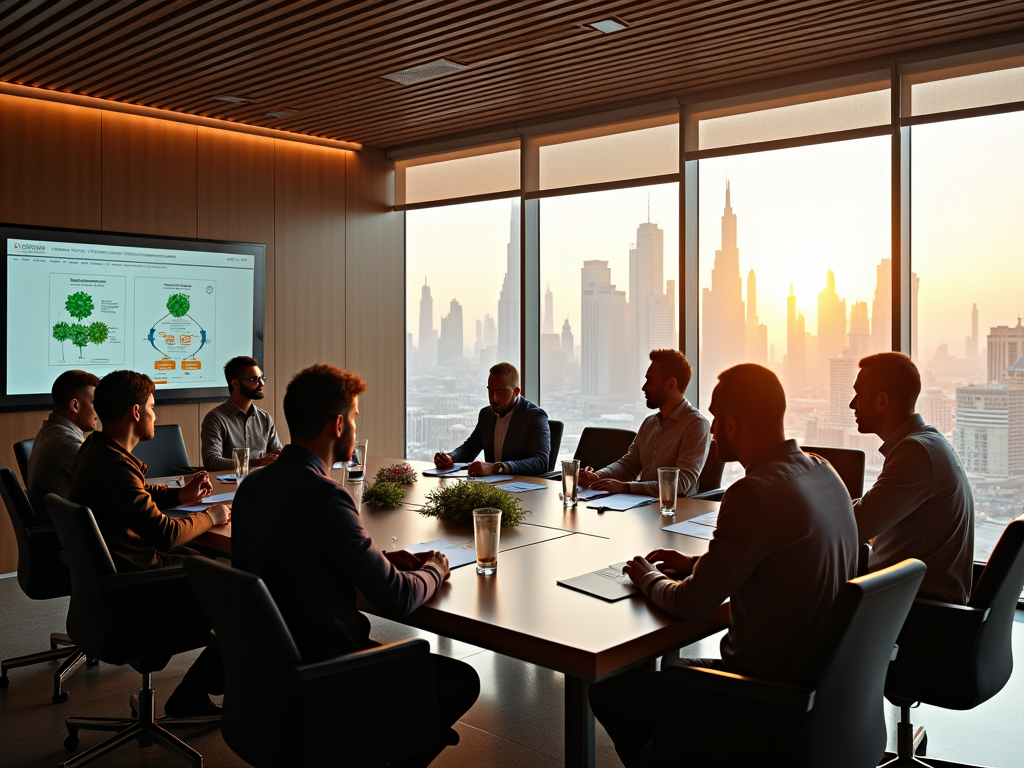 Professionals in a meeting around a table with a cityscape at sunset in the background.