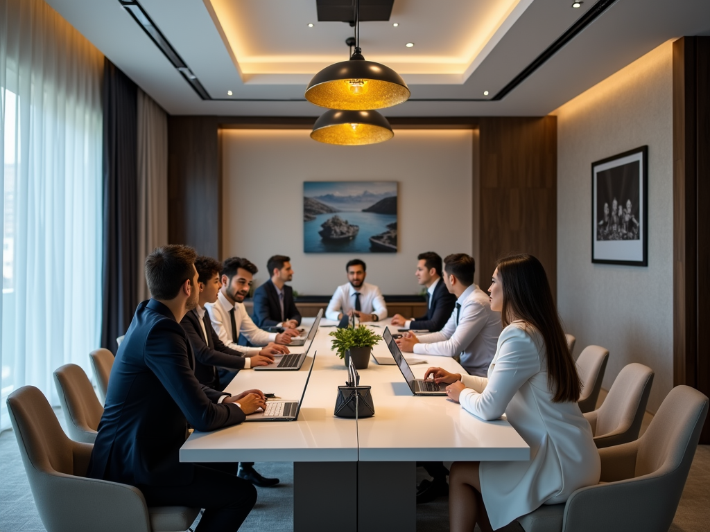 A business meeting in a modern conference room with nine professionals engaged in discussion and using laptops.