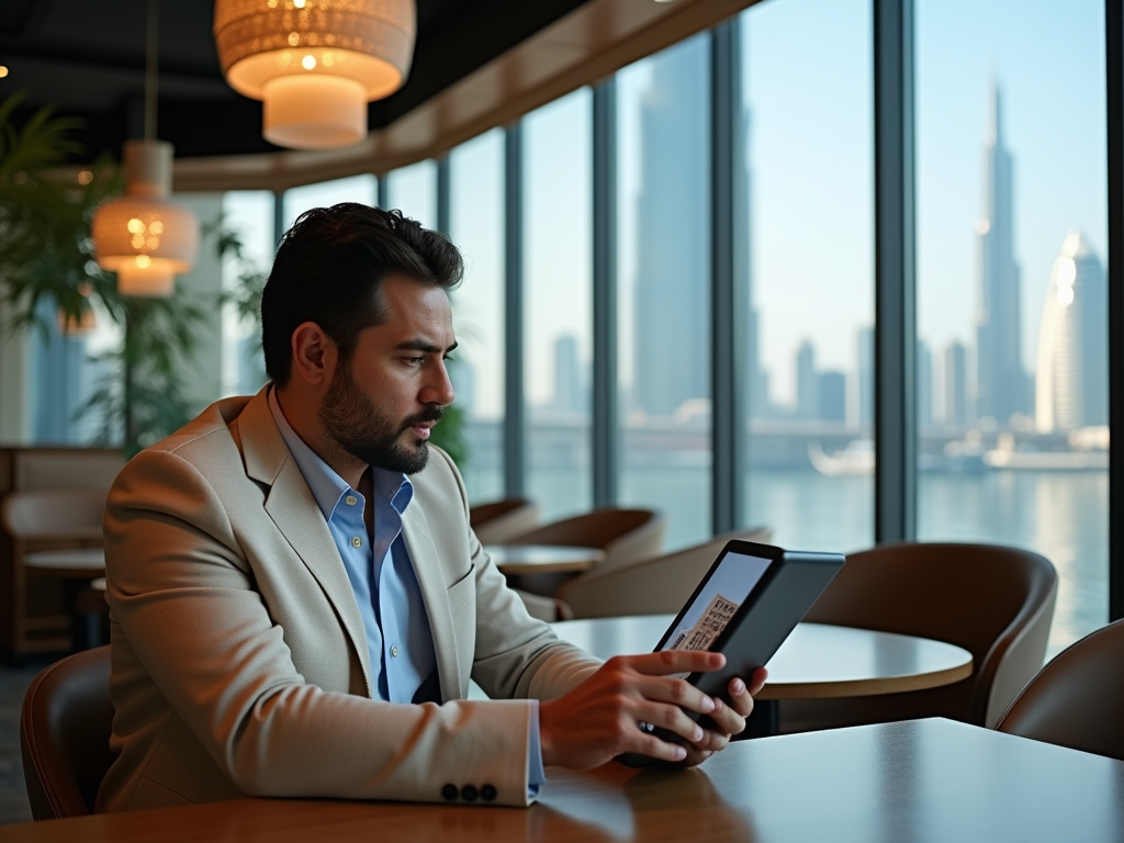 Man in suit using a tablet in a modern waterfront cafe, city skyline in the background.