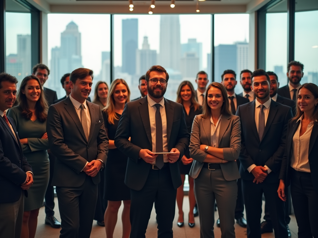 Group of professionals in suits standing together in a modern office with cityscape background.