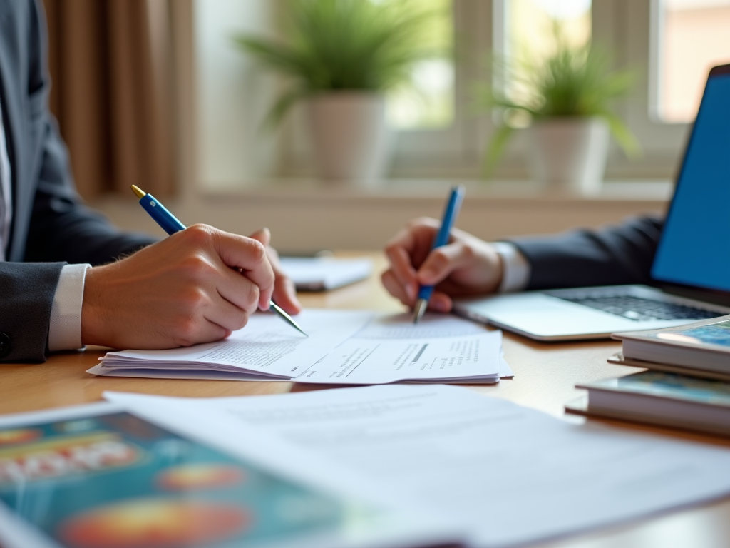 Two professionals writing on documents in an office, laptops and plants in the background.