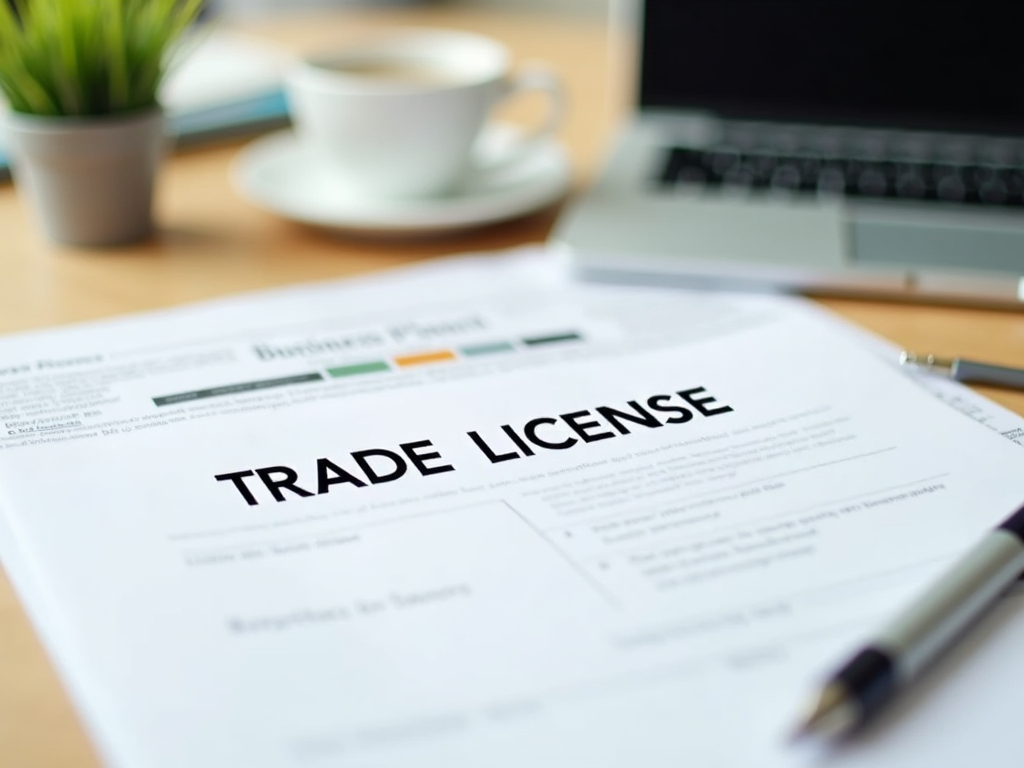 Close-up of a trade license document on a desk with a laptop, coffee cup, and pen.