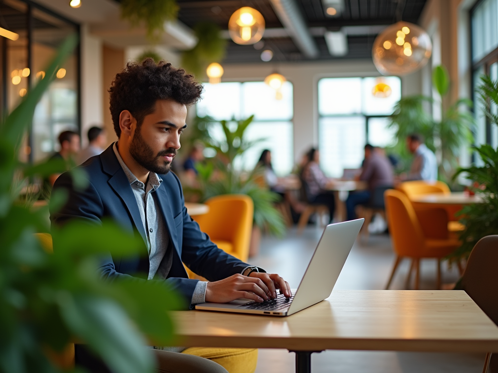 A young man in a blazer works on a laptop in a bright, plant-filled cafe with people chatting in the background.